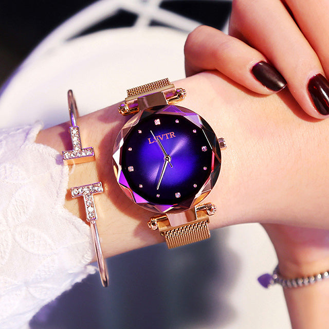 Rose Gold Women’s Magnetic Starry Sky Watch – Waterproof
