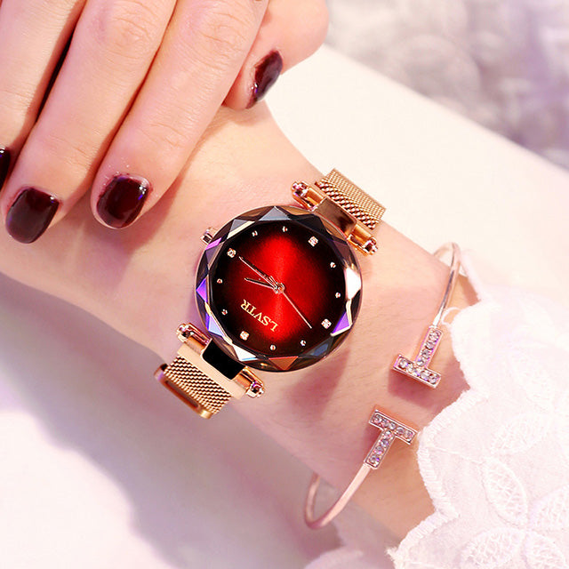 Rose Gold Women’s Magnetic Starry Sky Watch – Waterproof