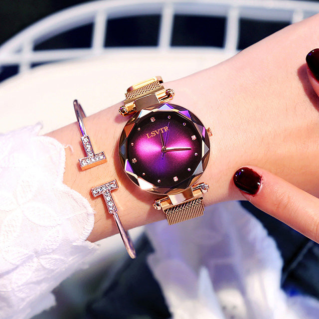 Rose Gold Women’s Magnetic Starry Sky Watch – Waterproof