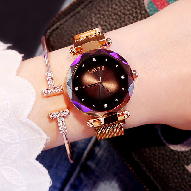 Rose Gold Women’s Magnetic Starry Sky Watch – Waterproof