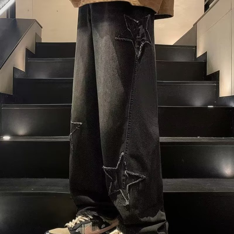 Men’s Star Embroidery Wide-Leg Jeans – Streetwear Style