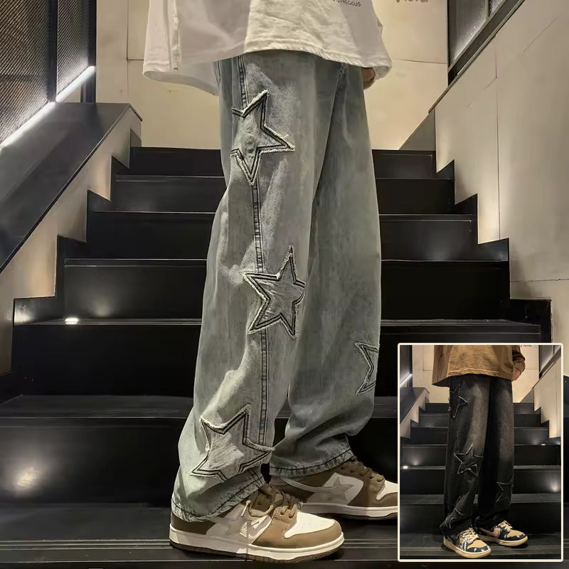 Men’s Star Embroidery Wide-Leg Jeans – Streetwear Style
