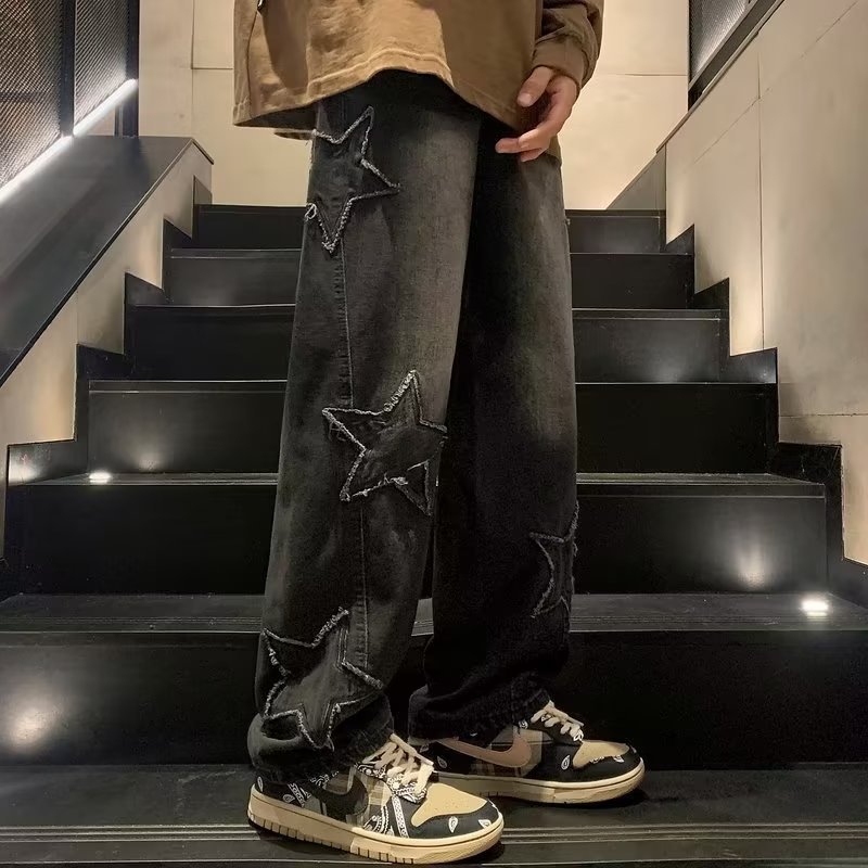 Men’s Star Embroidery Wide-Leg Jeans – Streetwear Style