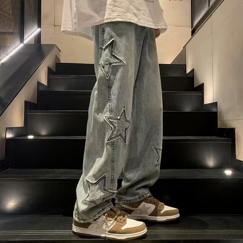Men’s Star Embroidery Wide-Leg Jeans – Streetwear Style