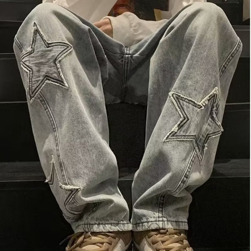 Men’s Star Embroidery Wide-Leg Jeans – Streetwear Style